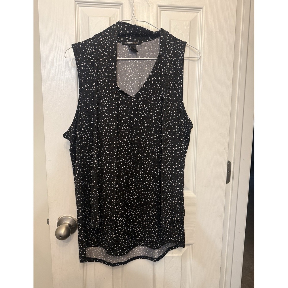 Robert Louis Black White Polka Dot Sleeveless Scarf Neck Blouse Top Medium